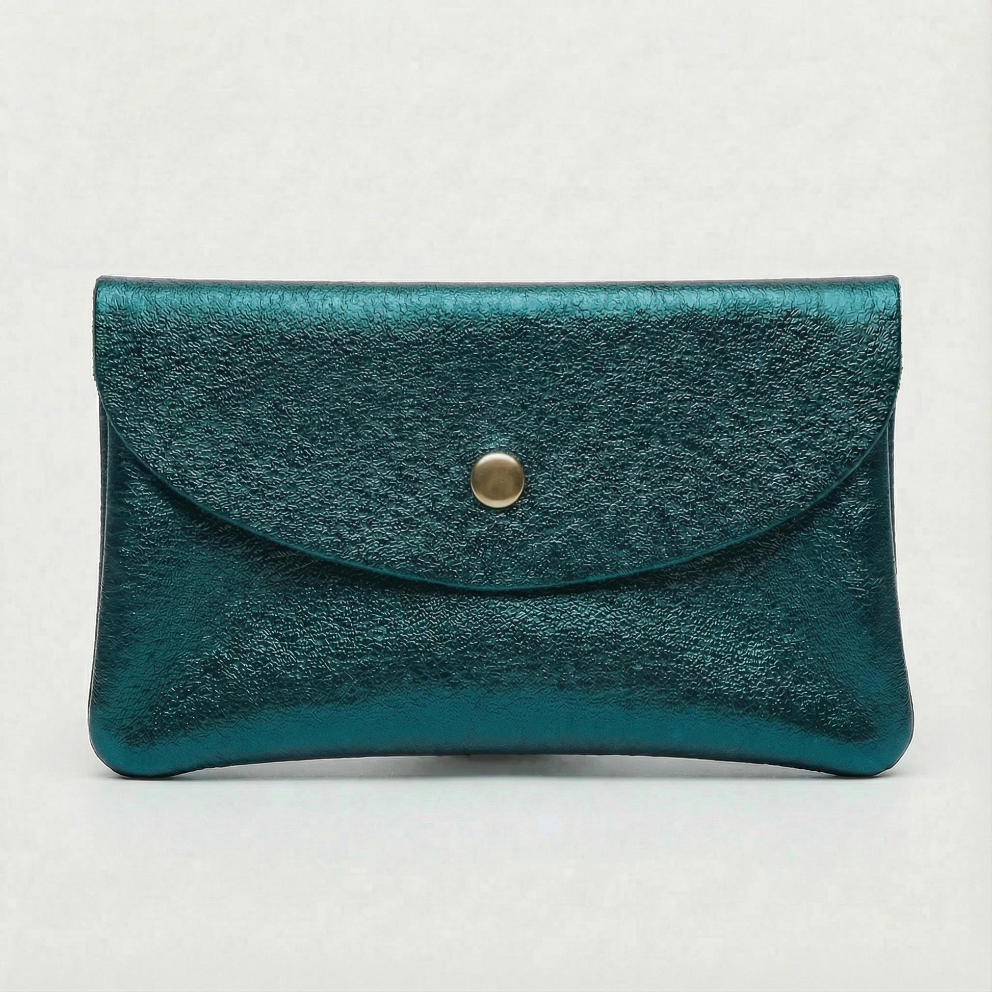 Teal metallic leather coin wallet with textured finish, snap closure, compact Italian‑made design, stylish everyday accessory