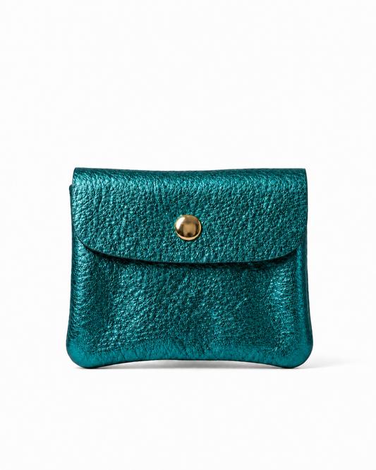 Mini coin wallet in teal metallic leather with snap closure, compact Italian‑made design for coins and small essentials