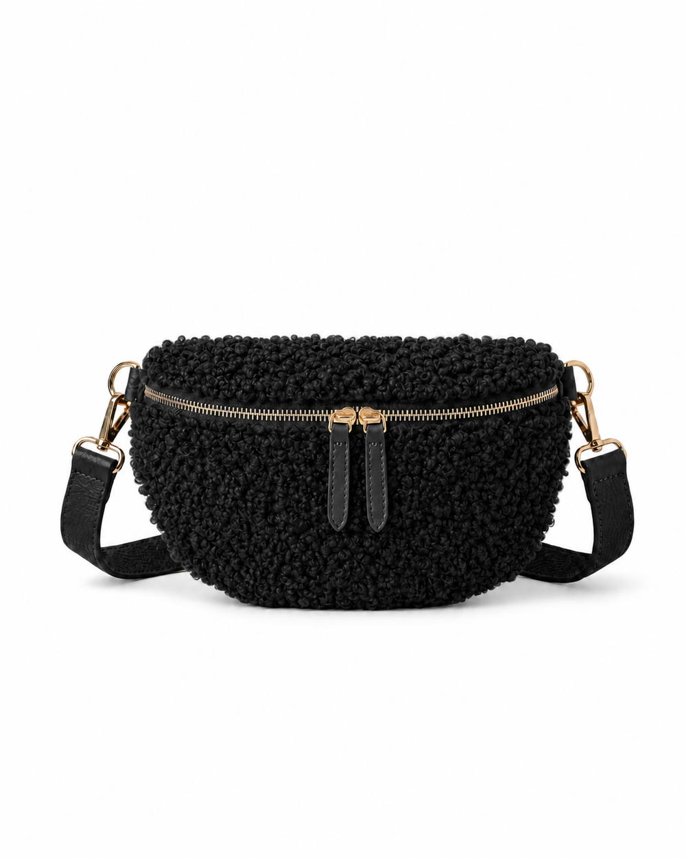 Stylish black teddy fabric and leather fanny bag with an adjustable strap.