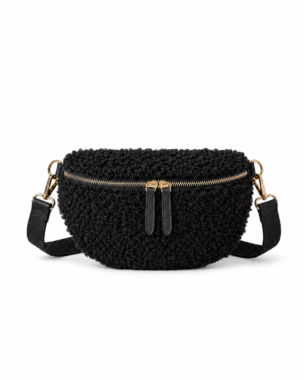 Stylish black teddy fabric and leather fanny bag with an adjustable strap.