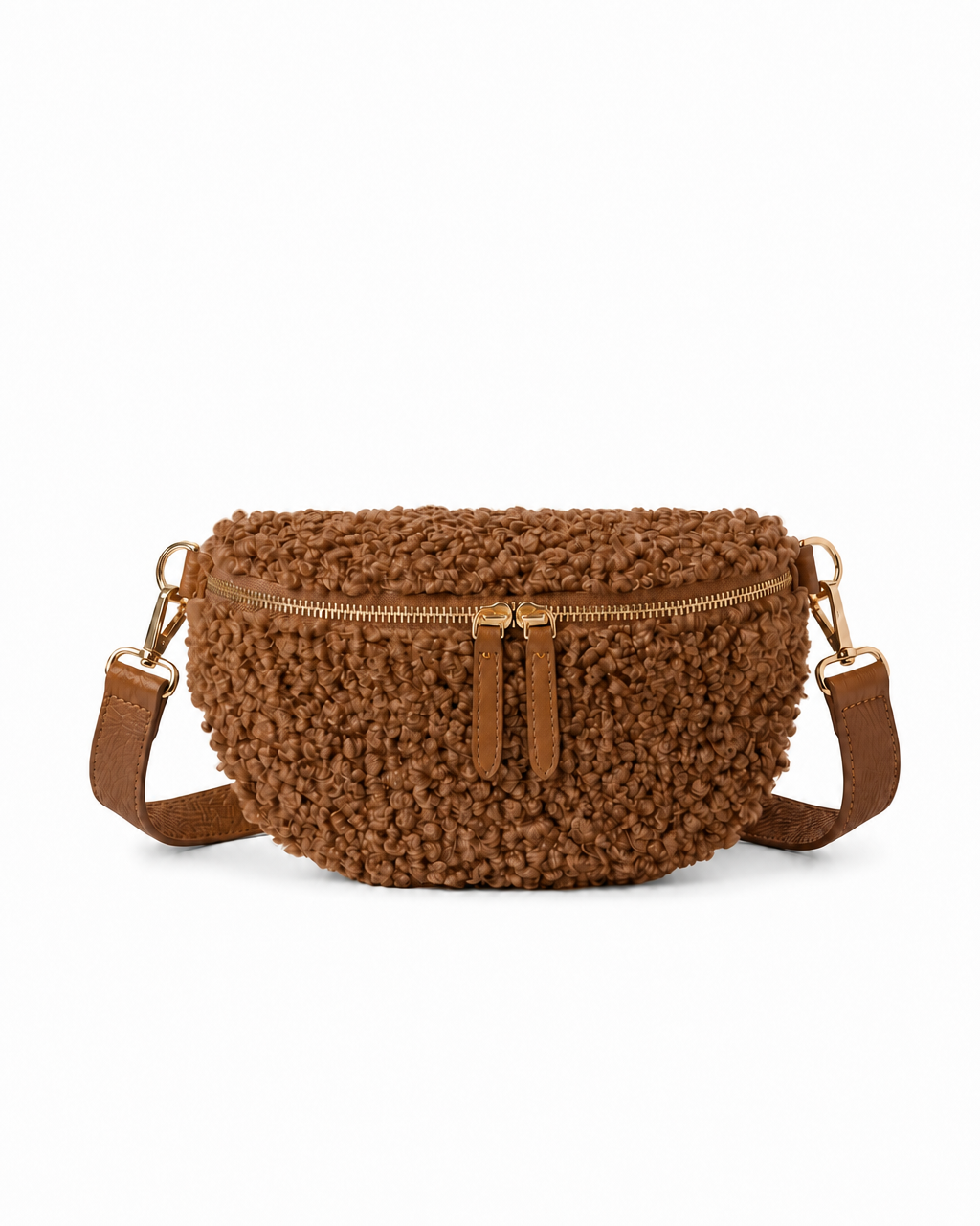 Stylish caramel teddy fabric and leather fanny bag with an adjustable strap.