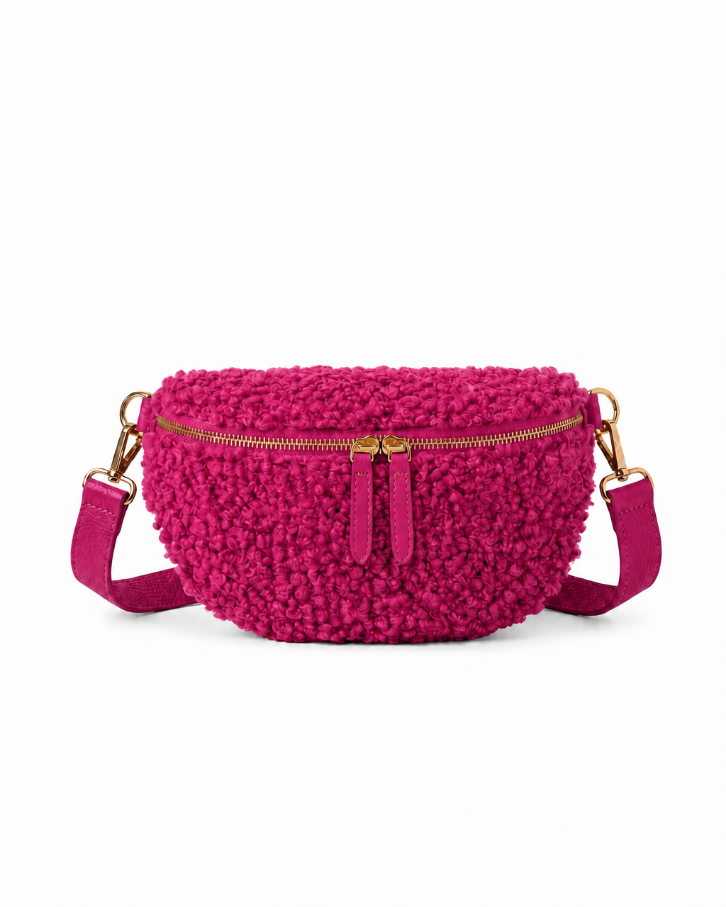 Stylish magenta teddy fabric and leather fanny bag with an adjustable strap.