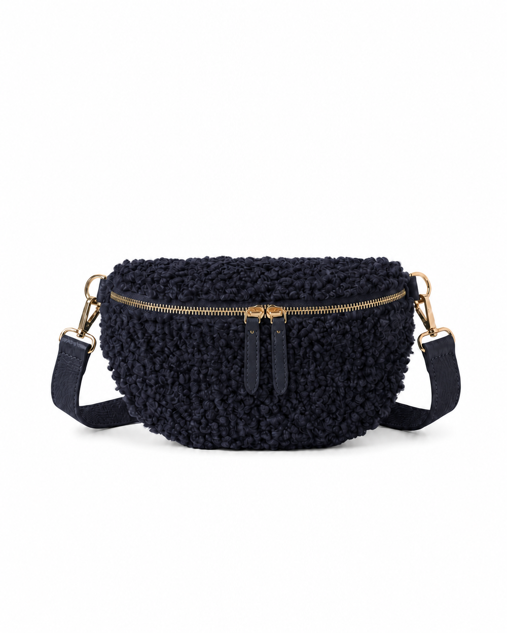 Stylish midnight blue teddy fabric and leather fanny bag with an adjustable strap.