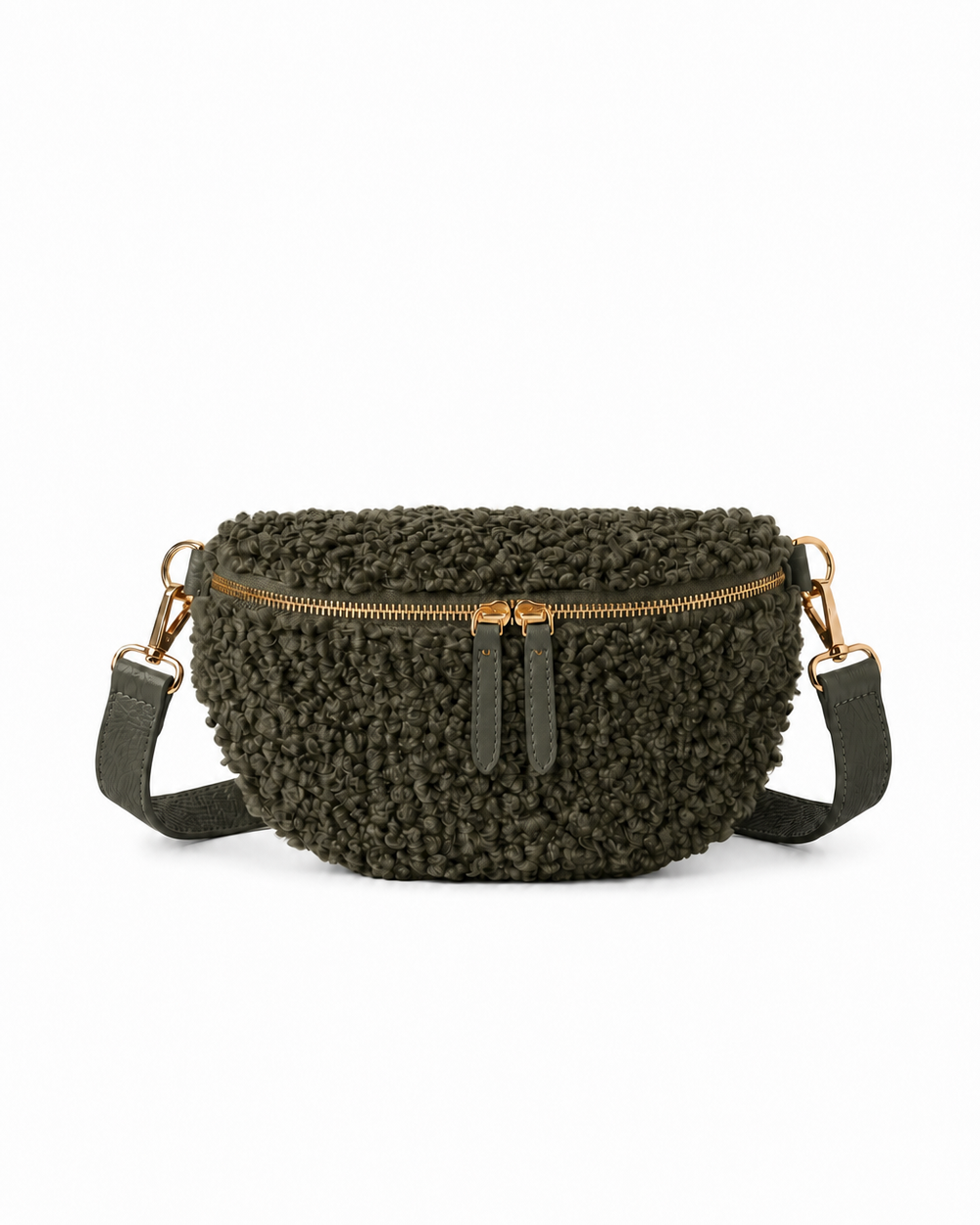 Stylish olive teddy fabric and leather fanny bag with an adjustable strap.