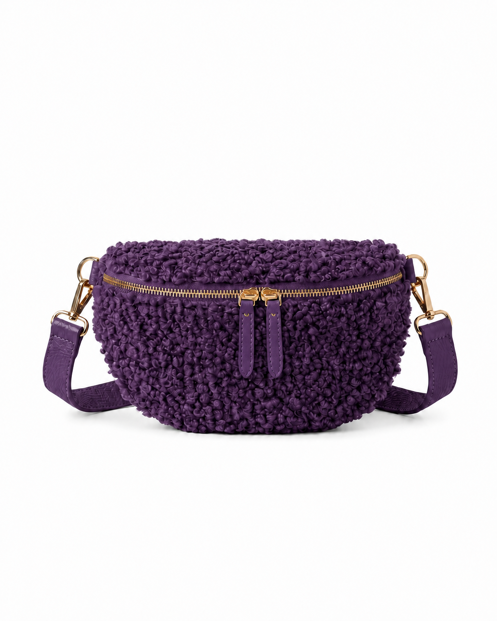 Stylish purple teddy fabric and leather fanny bag with an adjustable strap.