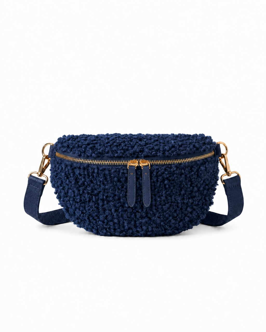 Stylish royal blue teddy fabric and leather fanny bag with an adjustable strap.