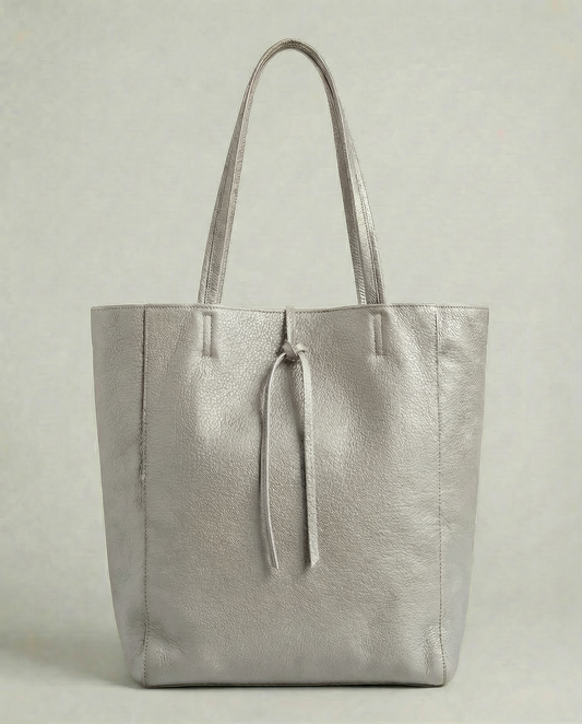 Platinum pebble leather tote bag available in Tote Bag and Mini Tote sizes. 