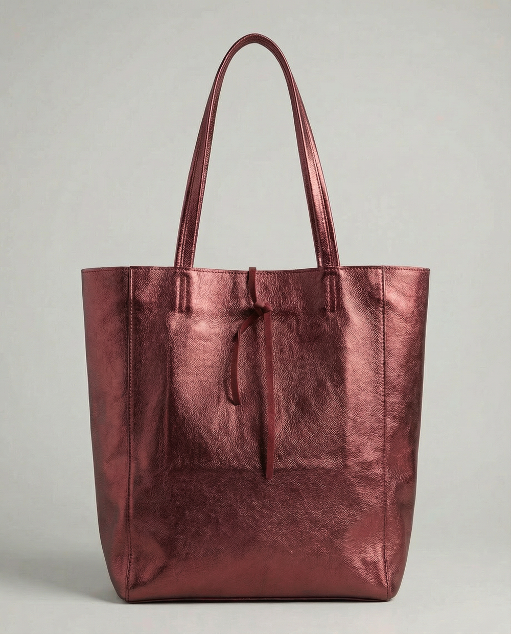 Cranberry metallic leather tote bag available in Tote Bag and Mini Tote sizes. 
