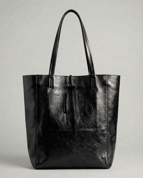 Black metallic leather tote bag available in Tote Bag and Mini Tote sizes. 