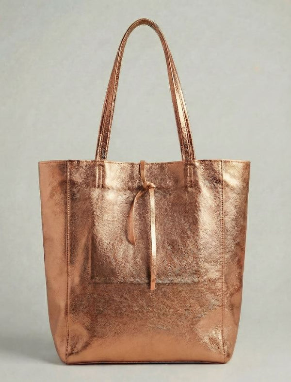 Copper metallic leather tote bag available in Tote Bag and Mini Tote sizes. 