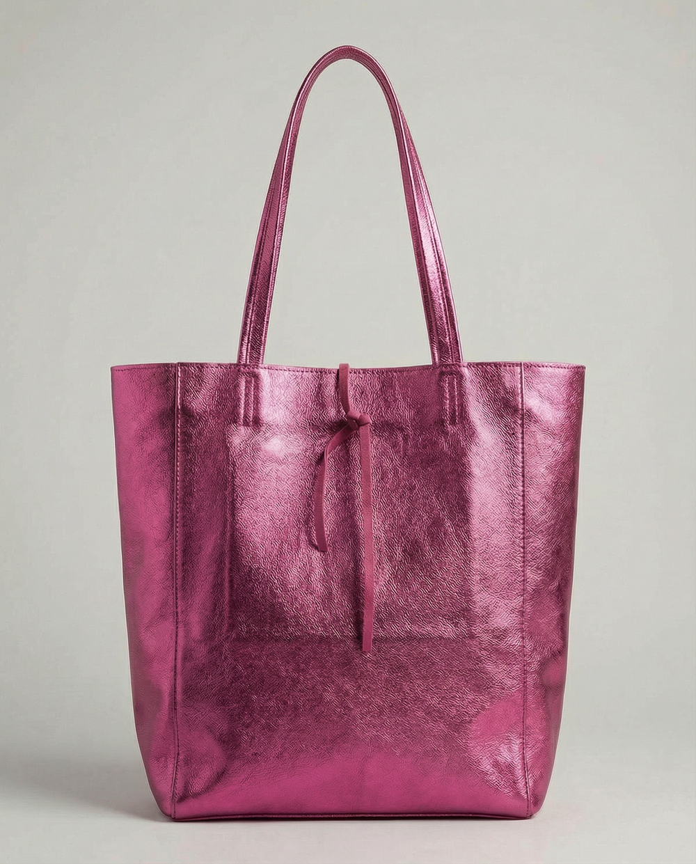 Magenta metallic leather tote bag available in Tote Bag and Mini Tote sizes. 