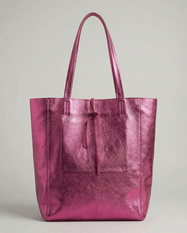 Magenta metallic leather tote bag available in Tote Bag and Mini Tote sizes. 