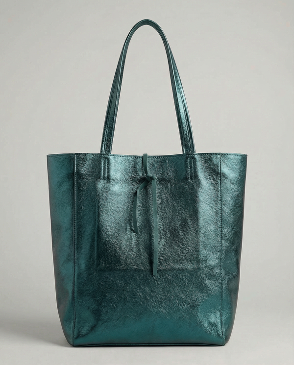 Teal metallic leather tote bag available in Tote Bag and Mini Tote sizes. 