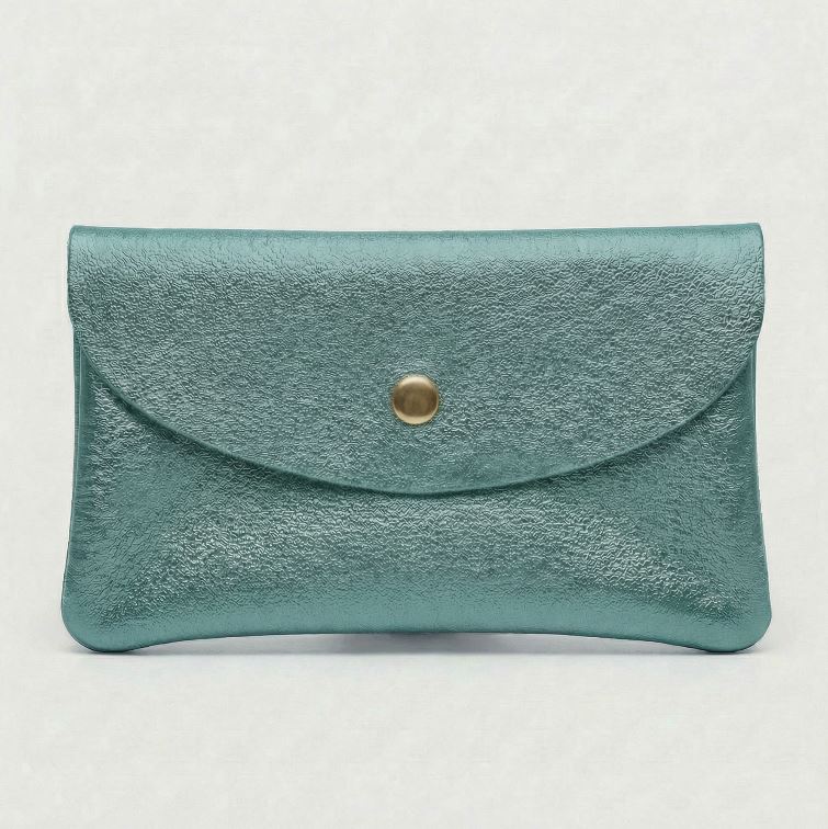 Turquoise metallic leather wallet available in mini coin wallet, coin wallet, and cellphone wallet sizes.