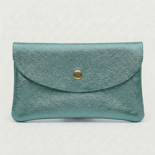 Turquoise metallic leather wallet available in mini coin wallet, coin wallet, and cellphone wallet sizes.