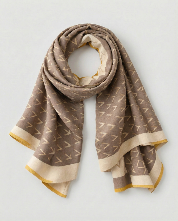 Brown and beige patterned wrap on a light gray background