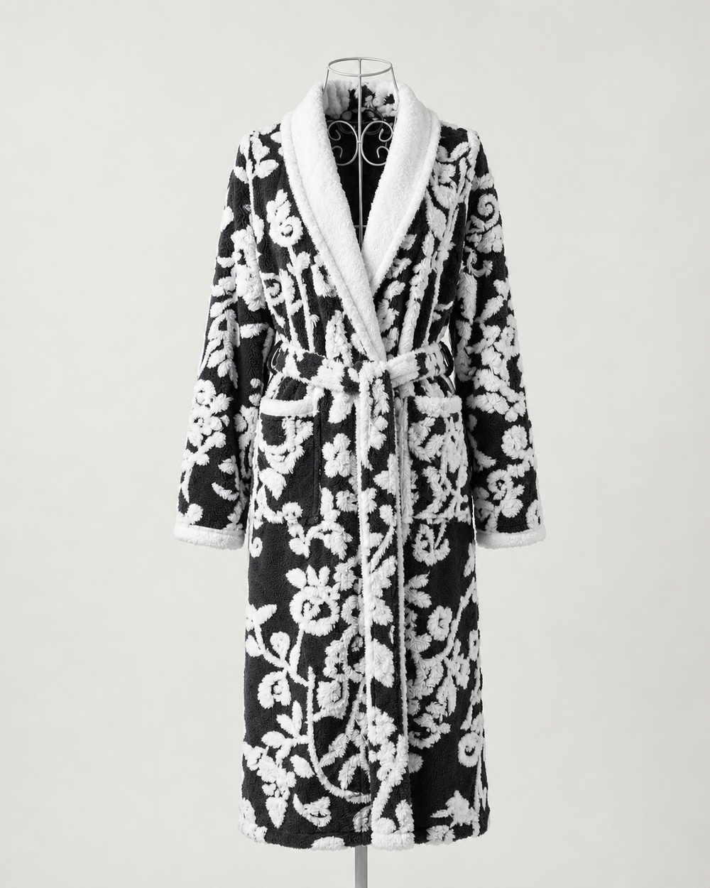 Black Victoria robe in plush faux fur with a soft, luxurious texture.
