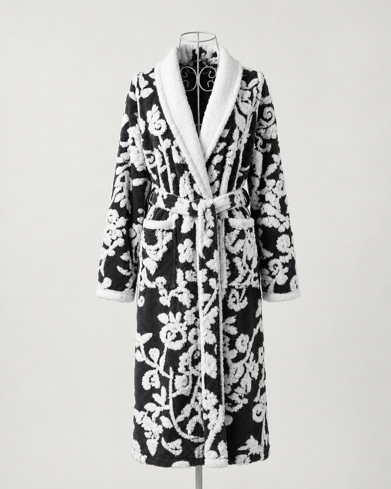 Black Victoria robe in plush faux fur with a soft, luxurious texture.