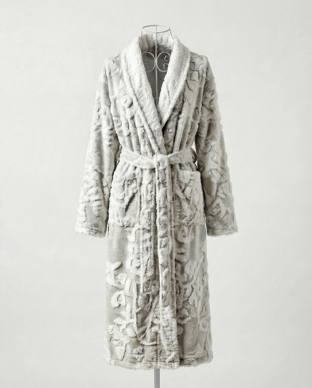 Silver Victoria robe in plush faux fur with a soft, luxurious texture.