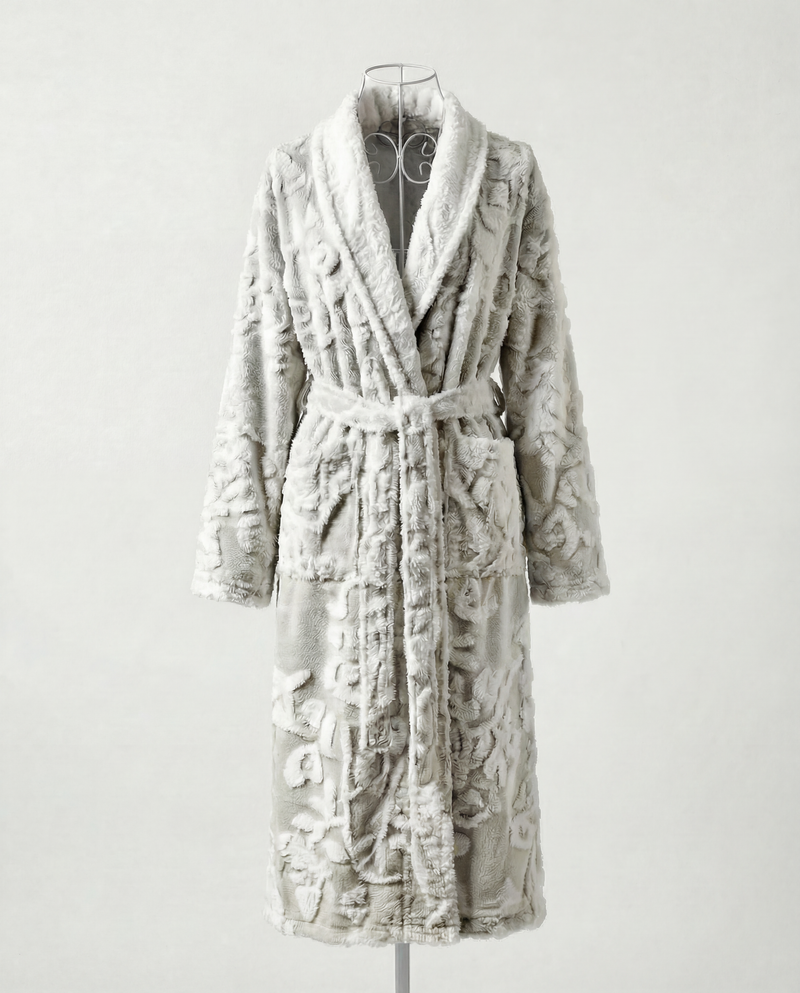 Silver Victoria robe in plush faux fur with a soft, luxurious texture.