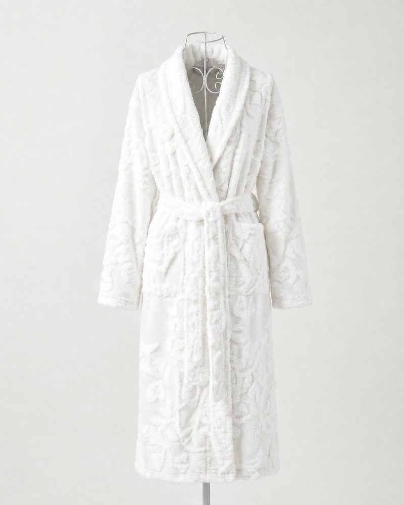 White Victoria robe in plush faux fur with a soft, luxurious texture.