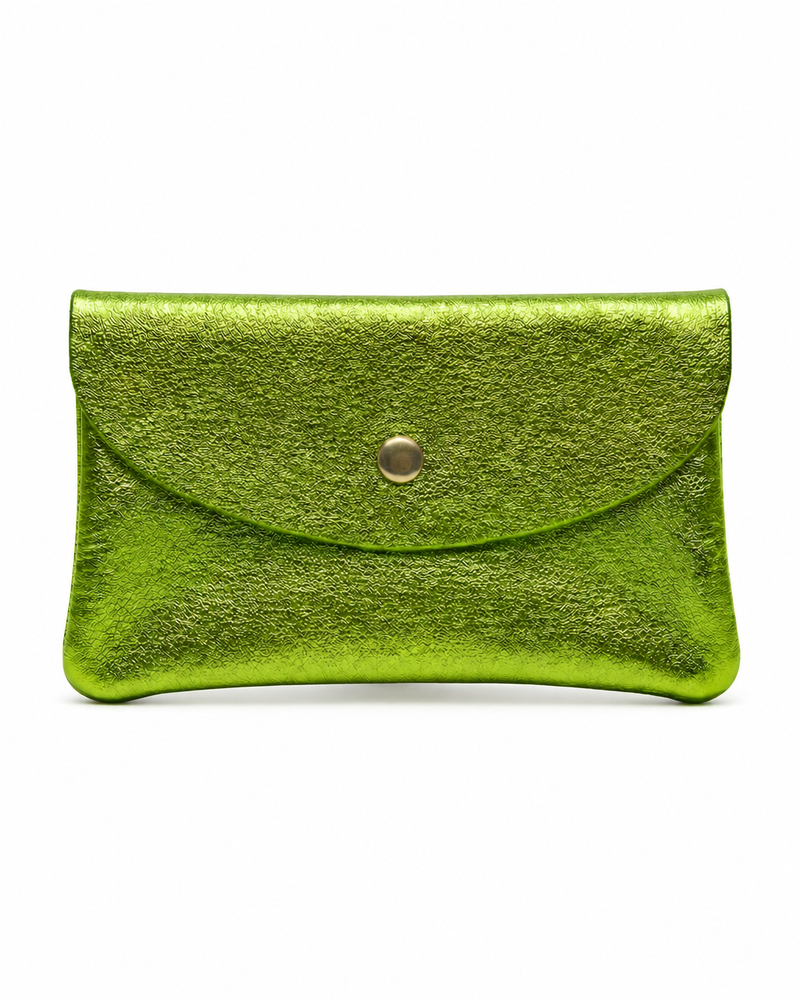 Neon Green  metallic leather wallet available in mini coin wallet, coin wallet, and cellphone wallet sizes.
