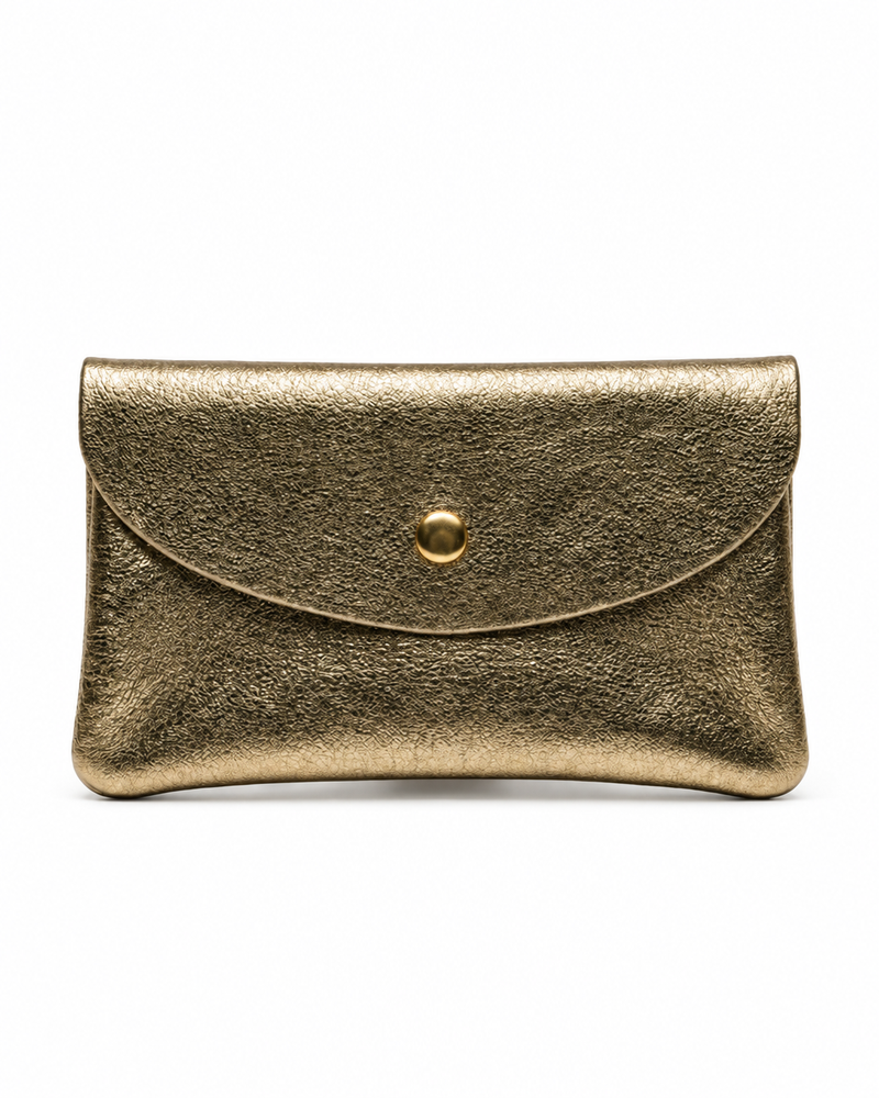 Bright Gold metallic leather wallet available in mini coin wallet, coin wallet, and cellphone wallet sizes.