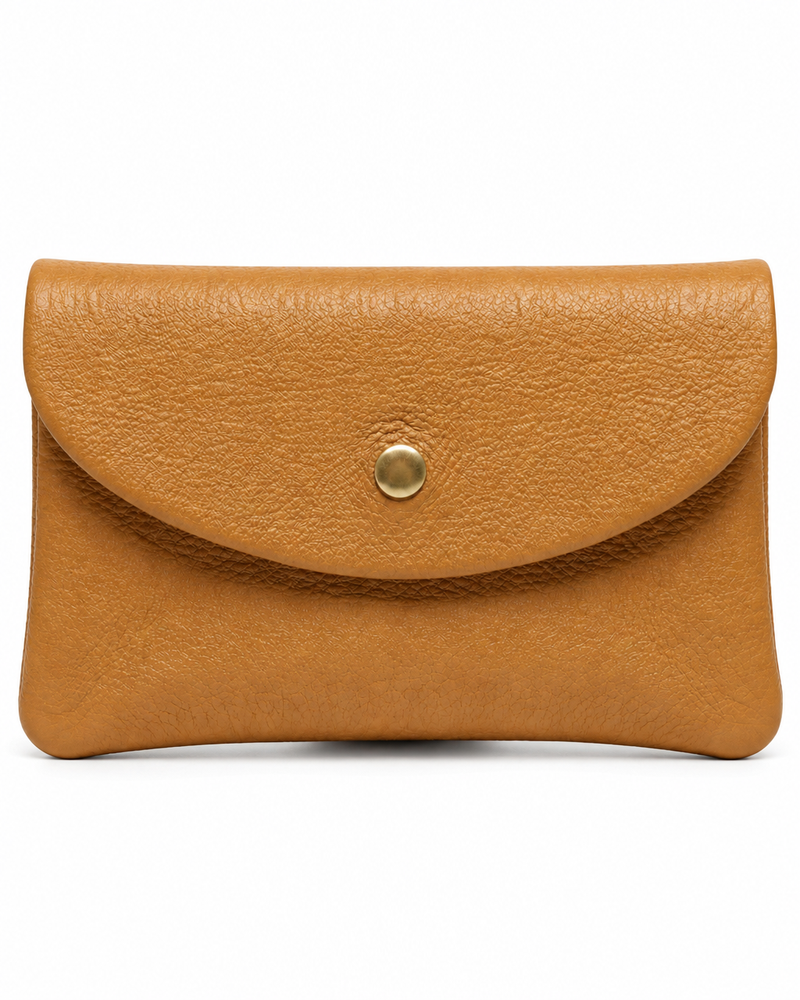 Camel pebble leather wallet collection featuring Mini Coin Wallet, Coin Wallet, and Cellphone Wallet in genuine leather, made in Italy.
