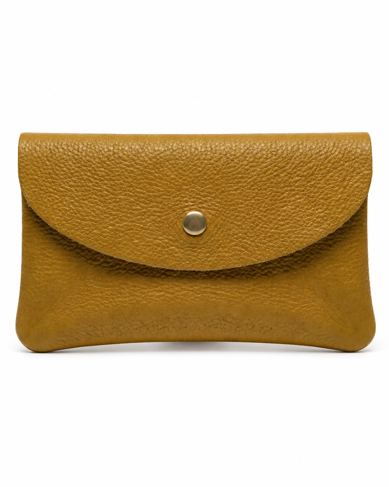 Mustard pebble leather wallet collection featuring Mini Coin Wallet, Coin Wallet, and Cellphone Wallet in genuine leather, made in Italy.