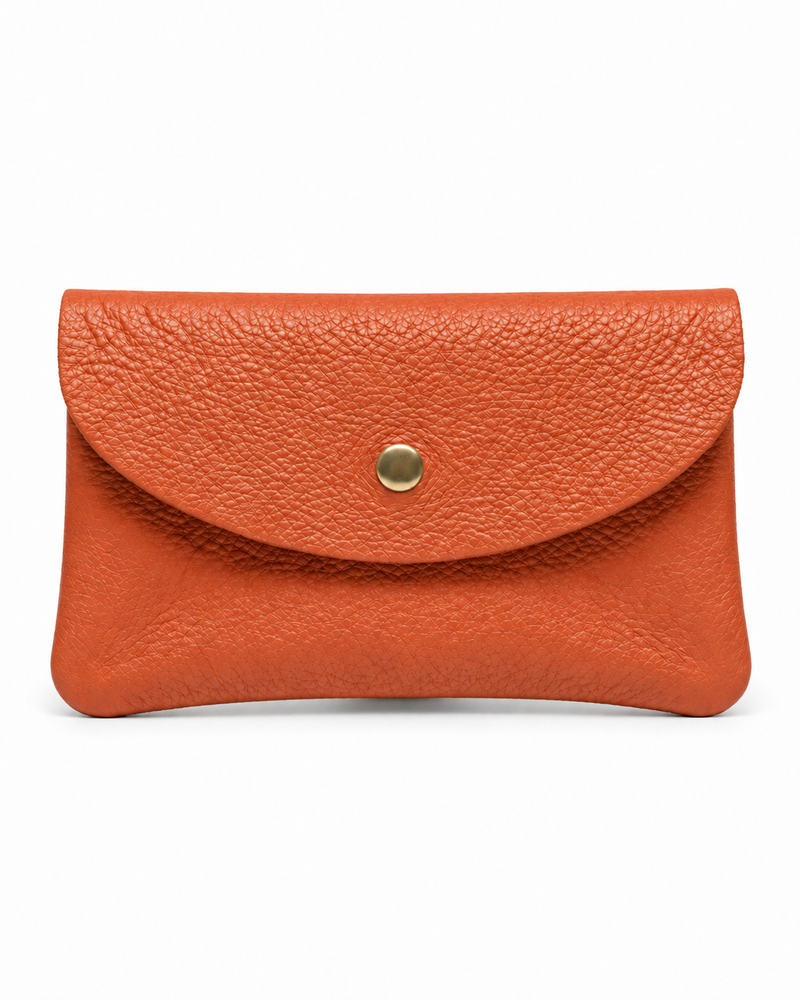 Papaya pebble leather wallet collection featuring Mini Coin Wallet, Coin Wallet, and Cellphone Wallet in genuine leather, made in Italy.