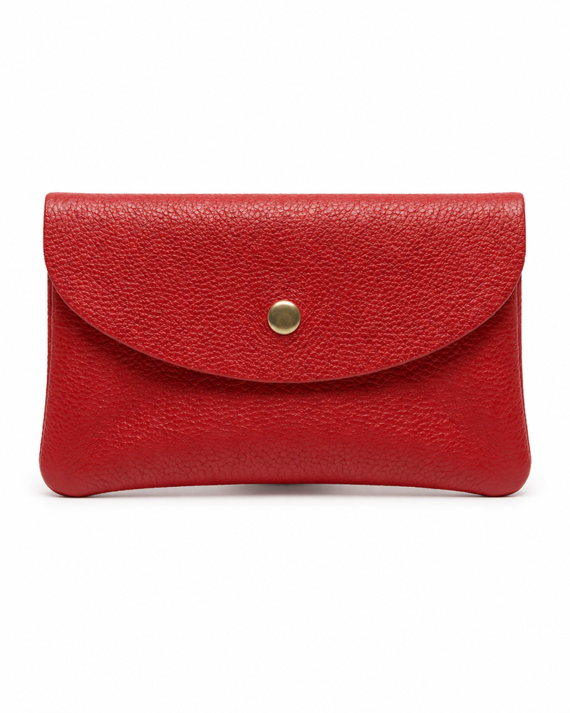 Red pebble leather wallet collection featuring Mini Coin Wallet, Coin Wallet, and Cellphone Wallet in genuine leather, made in Italy.