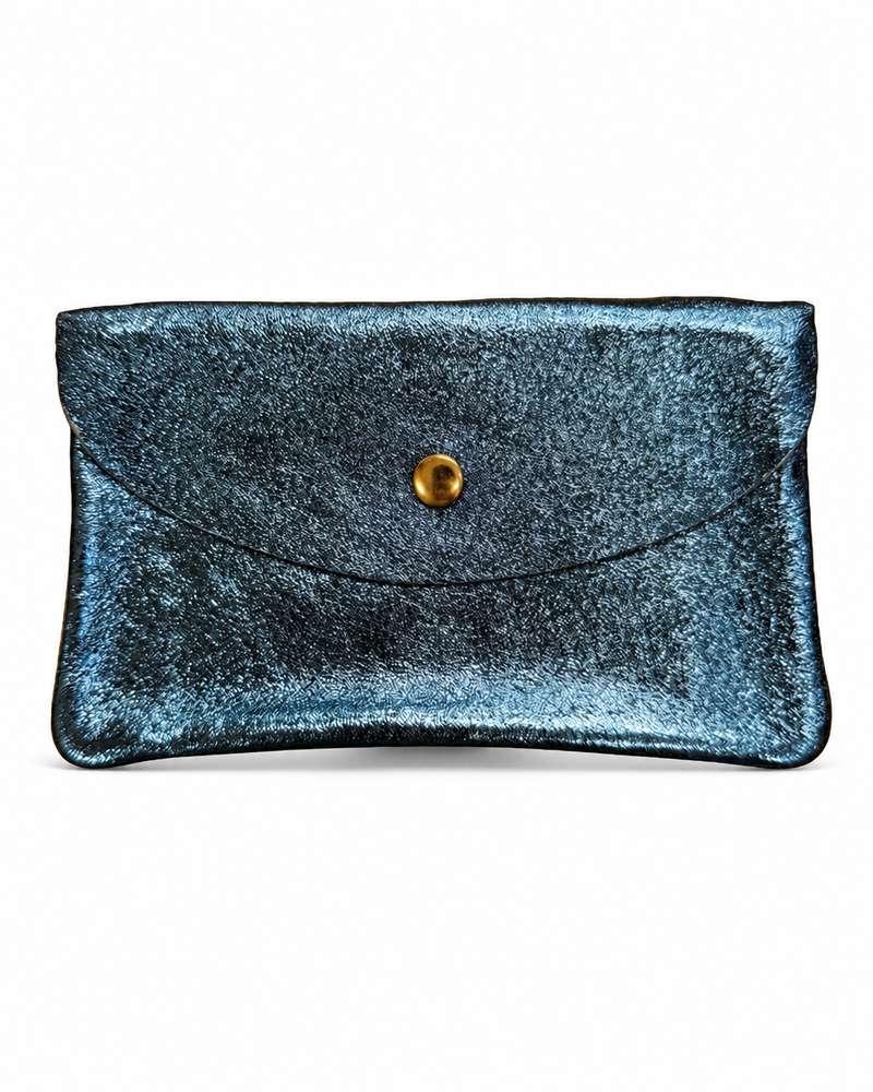 Denim metallic leather wallet available in mini coin wallet, coin wallet, and cellphone wallet sizes.