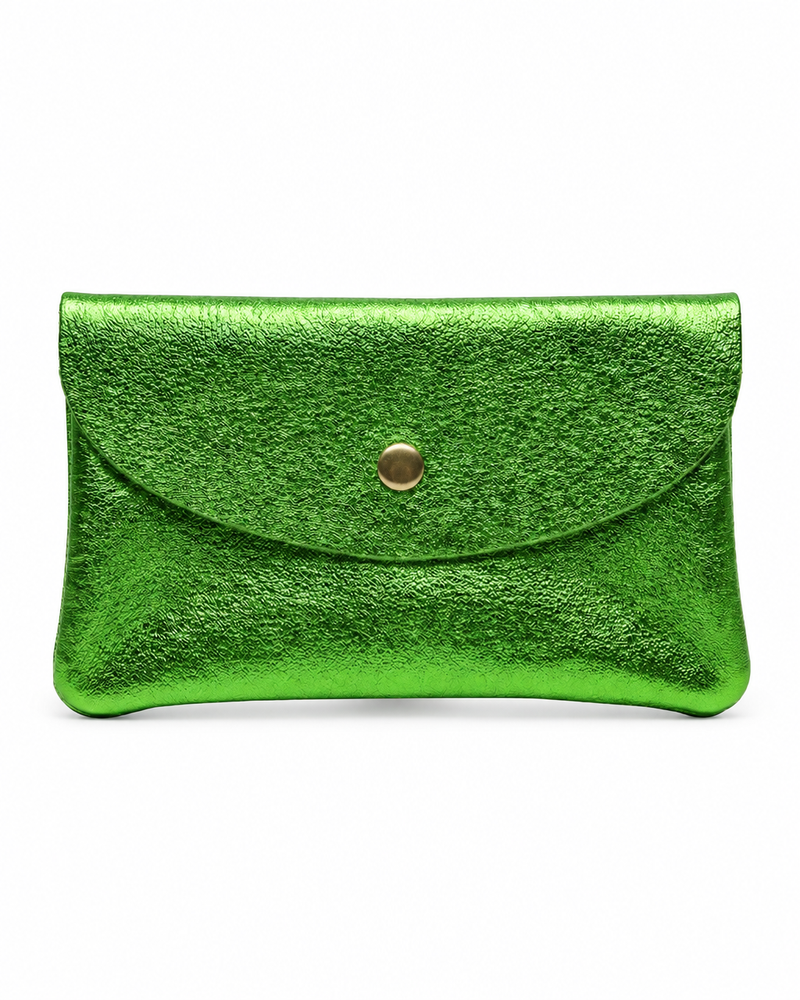 Kelly Green metallic leather wallet available in mini coin wallet, coin wallet, and cellphone wallet sizes.