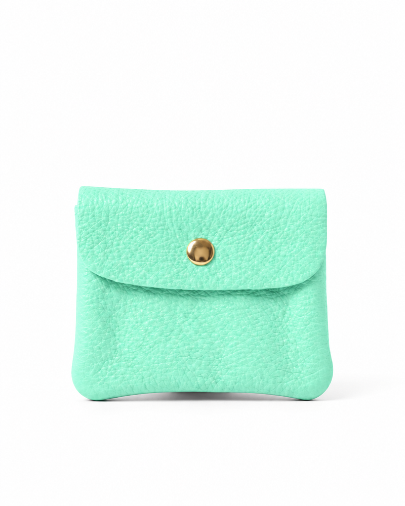 Aqua pebble leather wallet collection featuring Mini Coin Wallet, Coin Wallet, and Cellphone Wallet in genuine leather, made in Italy.