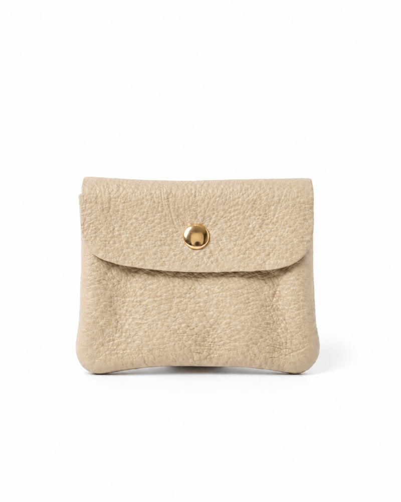 Beige pebble leather wallet collection featuring Mini Coin Wallet, Coin Wallet, and Cellphone Wallet in genuine leather, made in Italy.