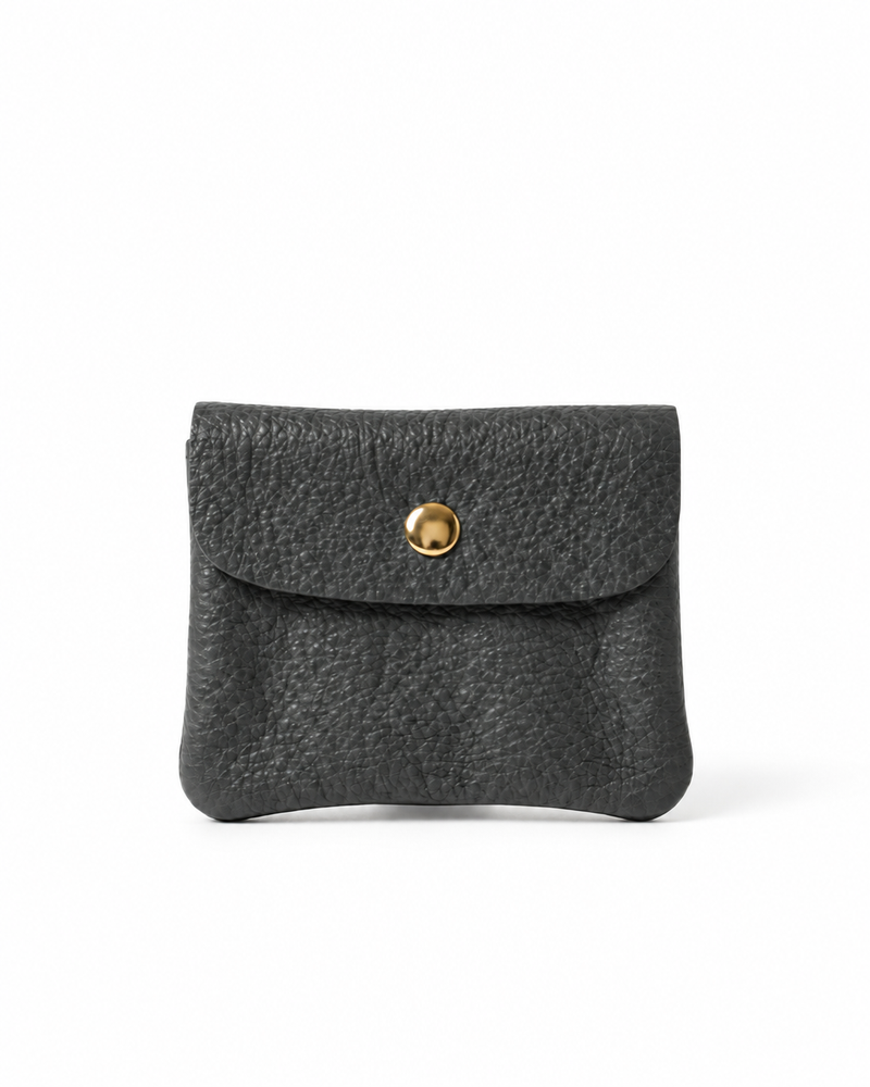 Cement pebble leather wallet collection featuring Mini Coin Wallet, Coin Wallet, and Cellphone Wallet in genuine leather, made in Italy.