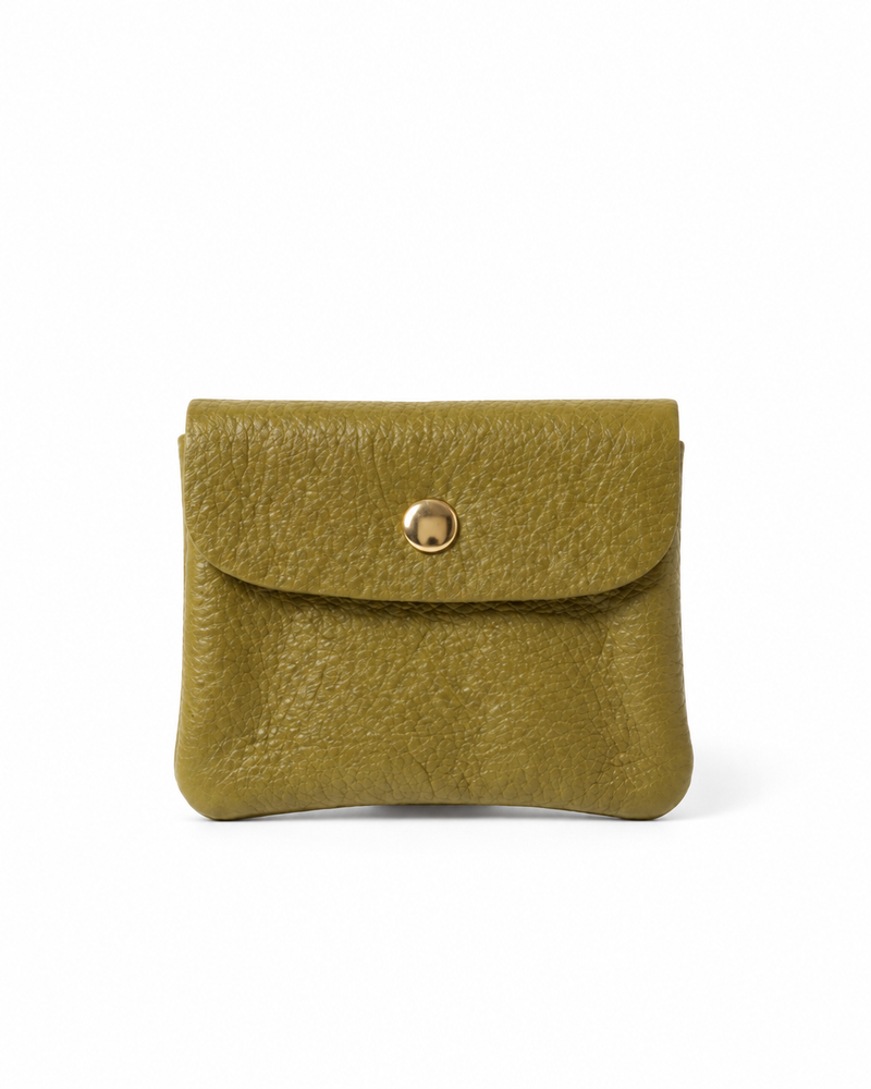 Chartreuse pebble leather wallet collection featuring Mini Coin Wallet, Coin Wallet, and Cellphone Wallet in genuine leather, made in Italy.