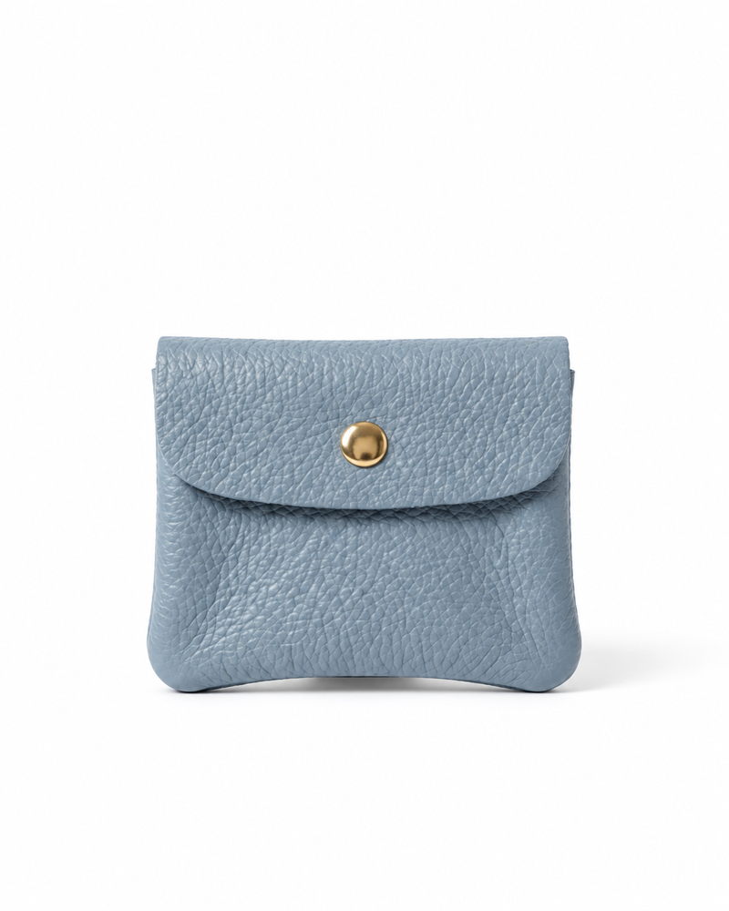 Corn Blue pebble leather wallet collection featuring Mini Coin Wallet, Coin Wallet, and Cellphone Wallet in genuine leather, made in Italy.