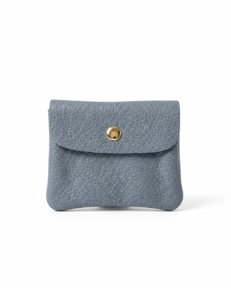 Denim pebble leather wallet collection featuring Mini Coin Wallet, Coin Wallet, and Cellphone Wallet in genuine leather, made in Italy.