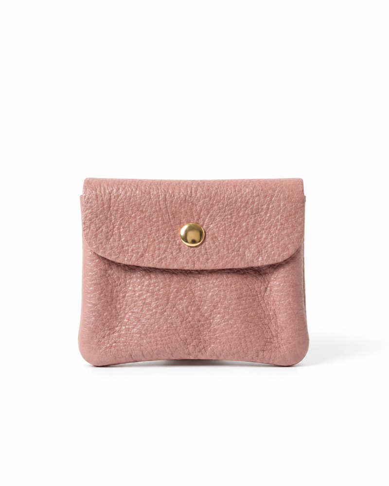 Dusty Pink pebble leather wallet collection featuring Mini Coin Wallet, Coin Wallet, and Cellphone Wallet in genuine leather, made in Italy.