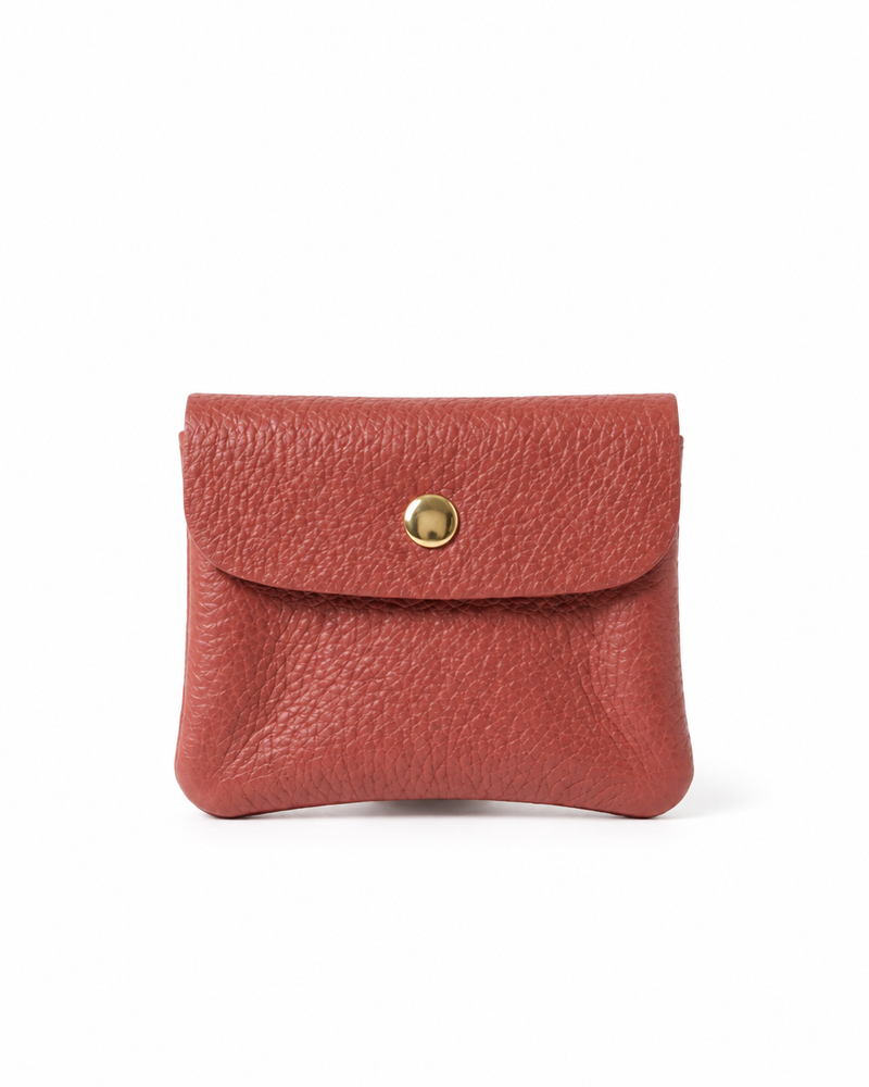 Flamingo pebble leather wallet collection featuring Mini Coin Wallet, Coin Wallet, and Cellphone Wallet in genuine leather, made in Italy.