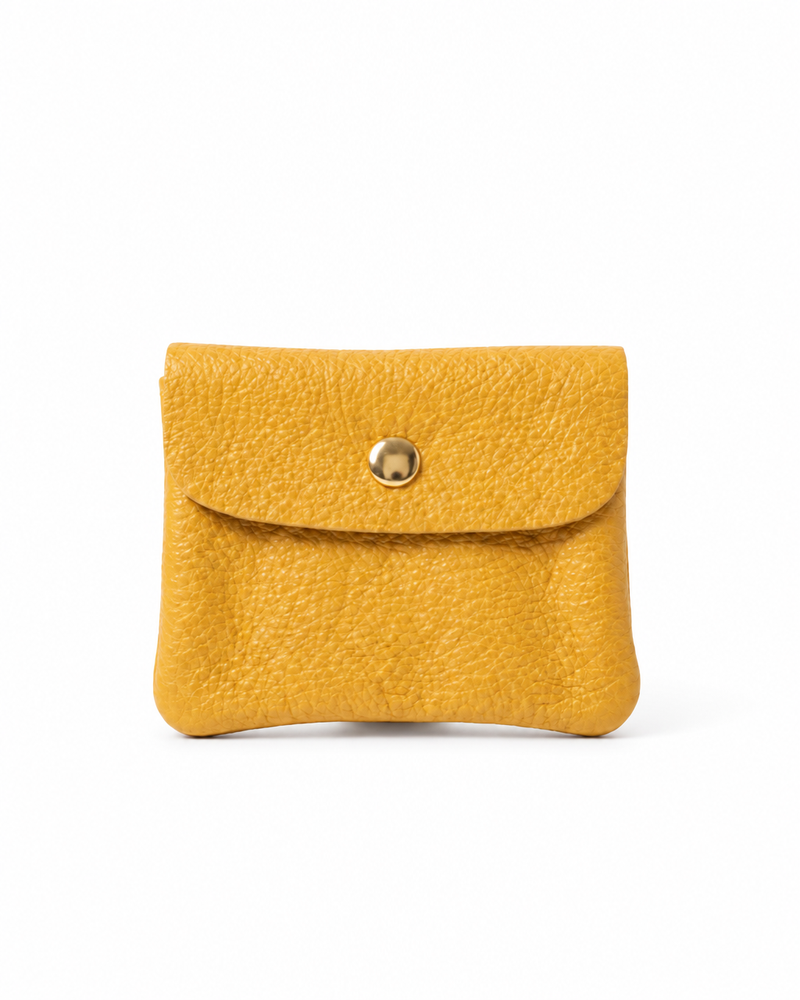Golden pebble leather wallet collection featuring Mini Coin Wallet, Coin Wallet, and Cellphone Wallet in genuine leather, made in Italy.