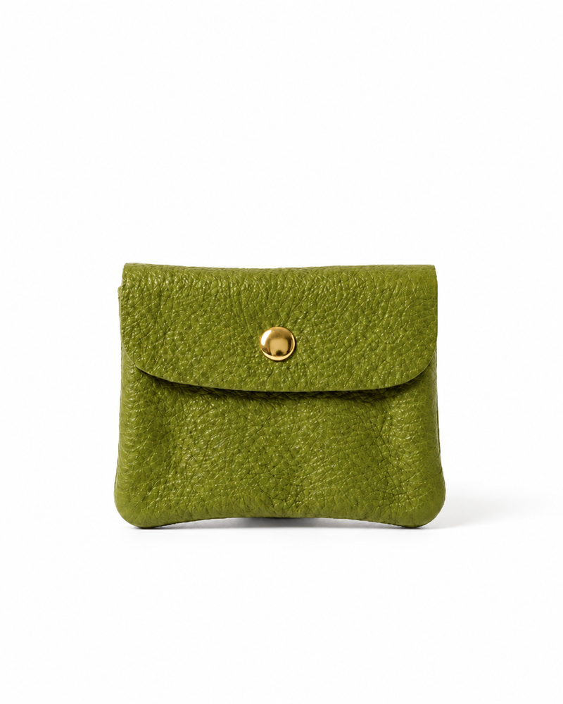 Green pebble leather wallet collection featuring Mini Coin Wallet, Coin Wallet, and Cellphone Wallet in genuine leather, made in Italy.