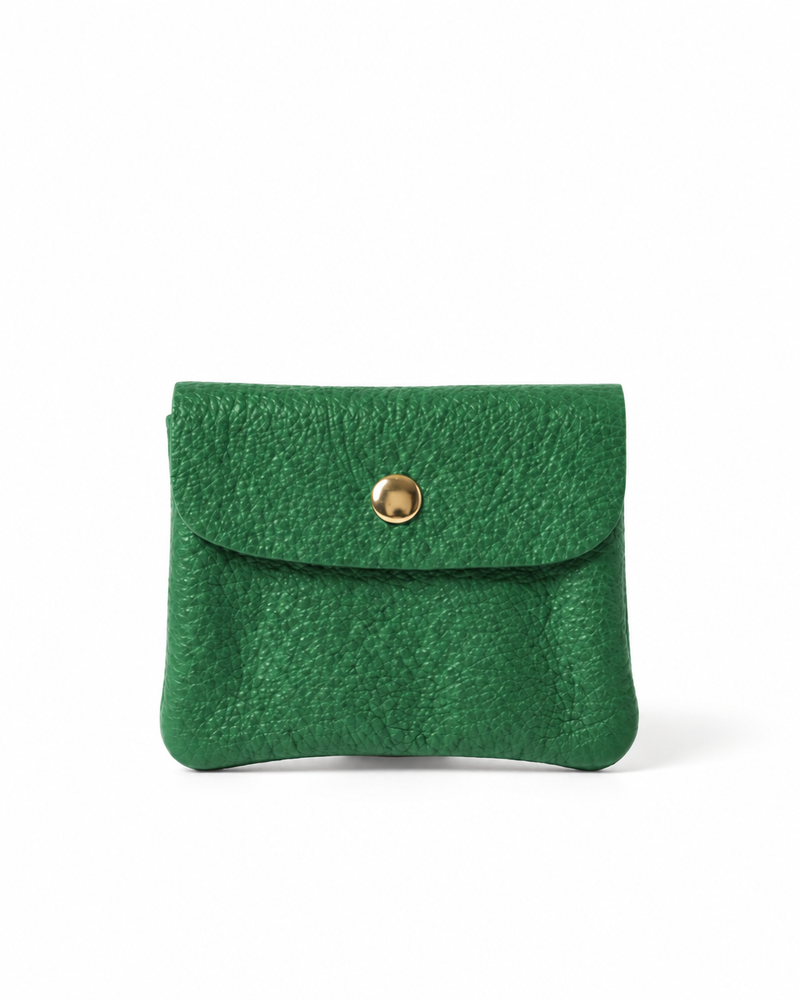 Kelly Green pebble leather wallet collection featuring Mini Coin Wallet, Coin Wallet, and Cellphone Wallet in genuine leather, made in Italy.