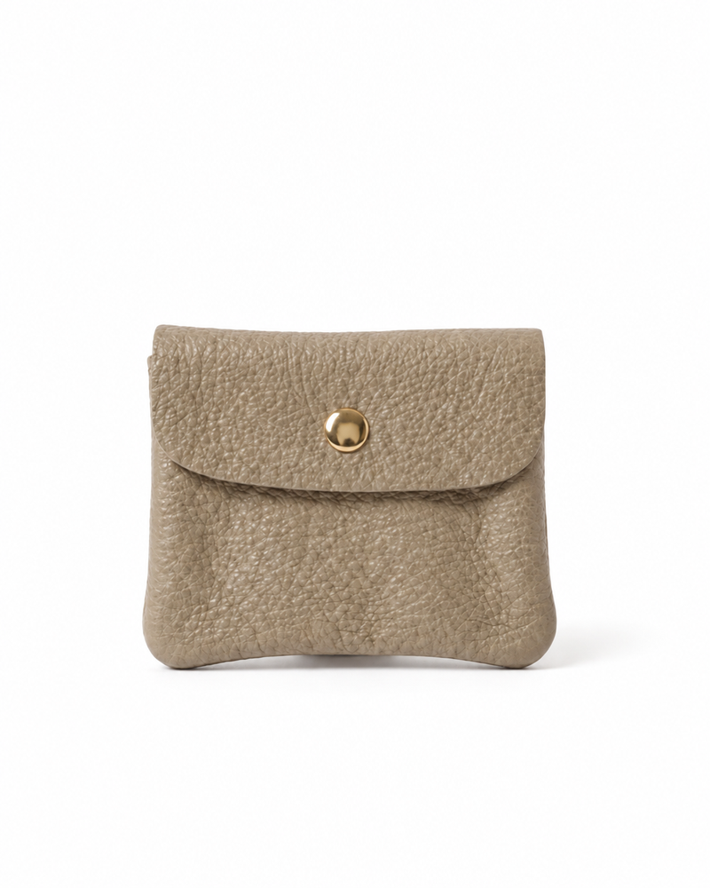 Mocha pebble leather wallet collection featuring Mini Coin Wallet, Coin Wallet, and Cellphone Wallet in genuine leather, made in Italy.