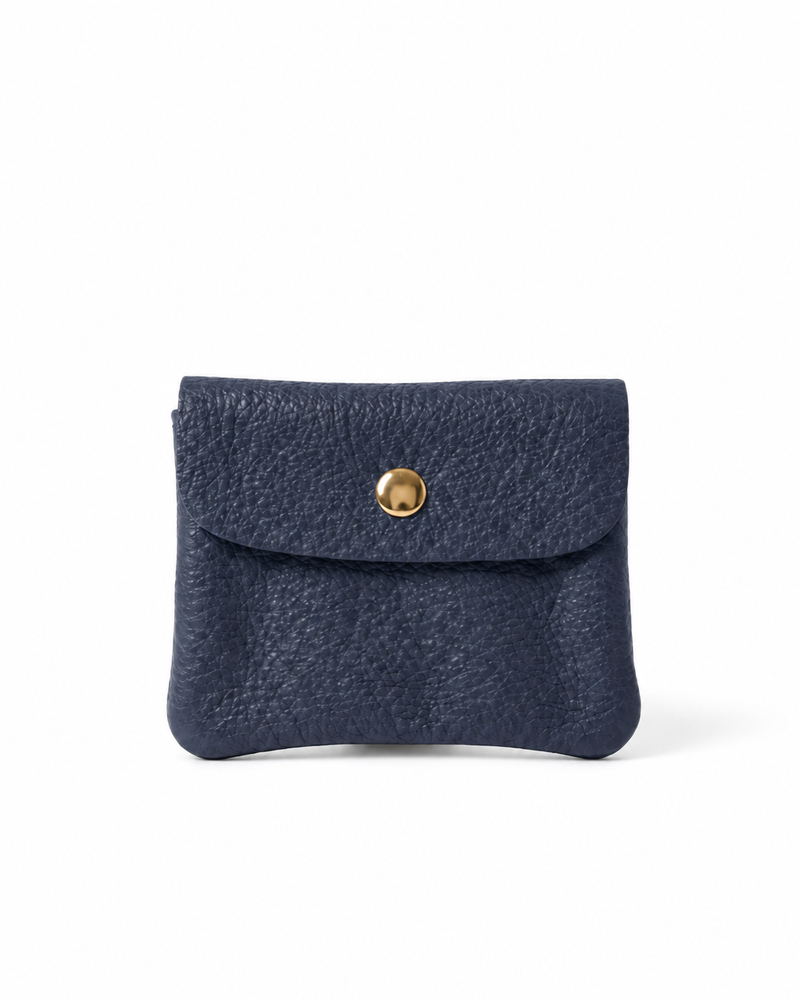 Navy pebble leather wallet collection featuring Mini Coin Wallet, Coin Wallet, and Cellphone Wallet in genuine leather, made in Italy.
