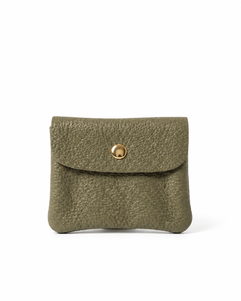 Olive pebble leather wallet collection featuring Mini Coin Wallet, Coin Wallet, and Cellphone Wallet in genuine leather, made in Italy.