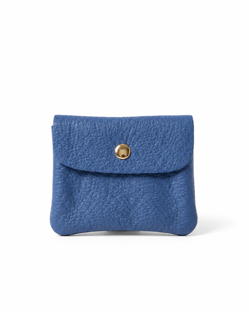 Royal Blue pebble leather wallet collection featuring Mini Coin Wallet, Coin Wallet, and Cellphone Wallet in genuine leather, made in Italy.