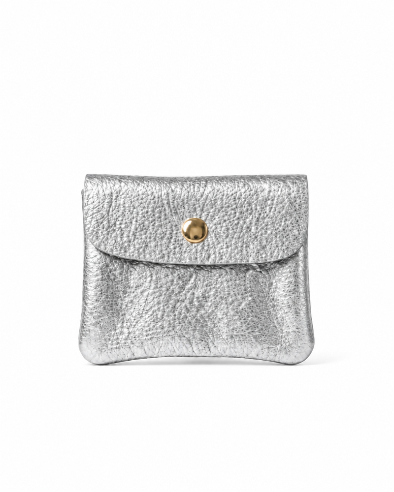 Silver metallic leather wallet available in mini coin wallet, coin wallet, and cellphone wallet sizes.