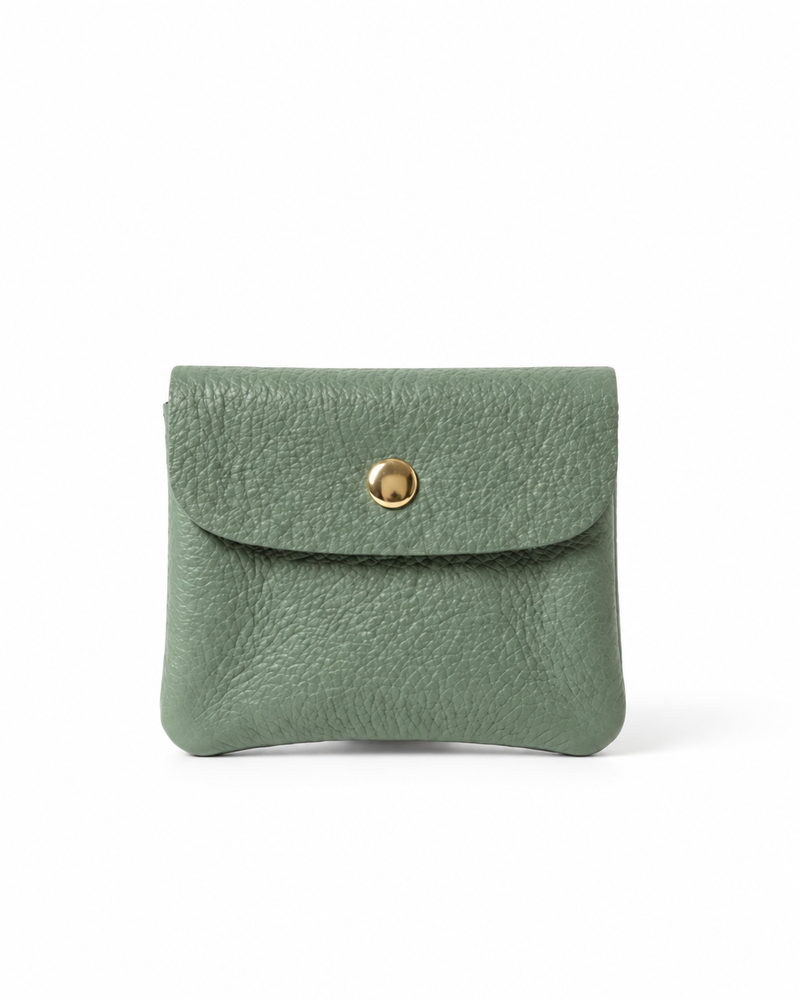 Spruce pebble leather wallet collection featuring Mini Coin Wallet, Coin Wallet, and Cellphone Wallet in genuine leather, made in Italy.